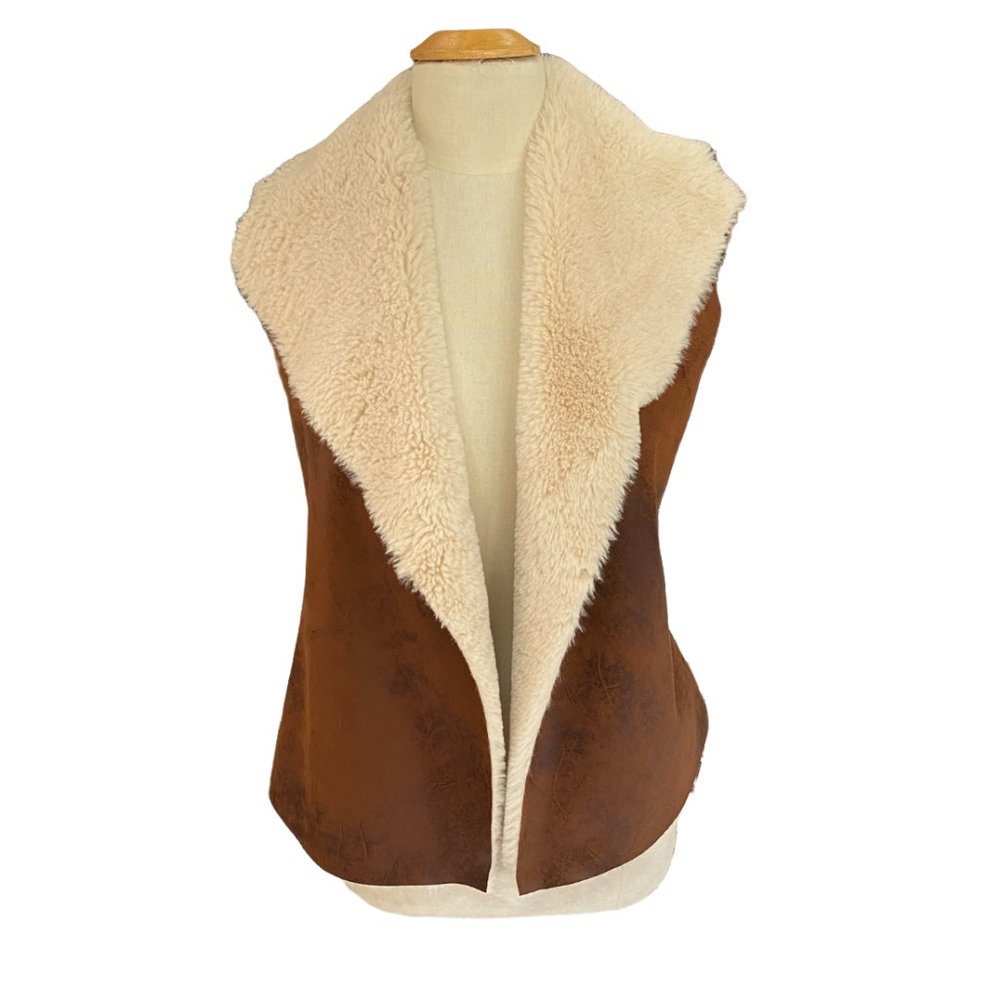 Cripple Creek Faux Suede Shearling Fur Open Vest Knit Back Brown Western Ranch-M